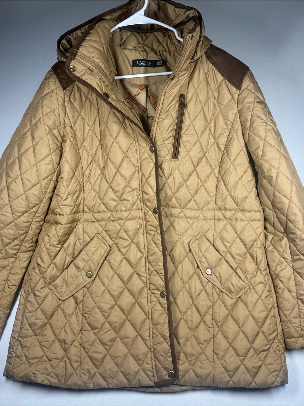 Ralph Lauren Quilted Hooded Puffer Jacket - Tan with Brown Trim